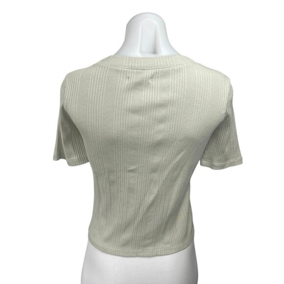 Madewell Beige Green Rib Knit Short Sleeve Button Crop Sweater Shirt Top Size XS - Picture 2 of 4